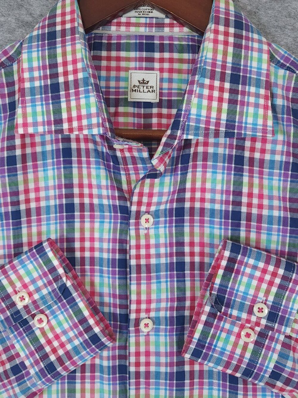 Peter Millar Mens Long Sleeve Button Up Shirt Size Large Blue Pink Purple Plaid